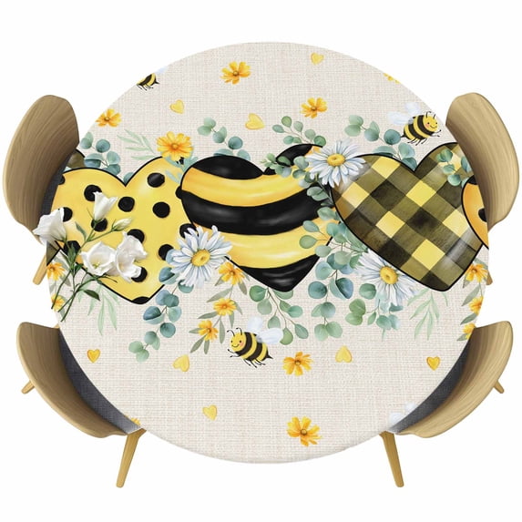 Bee Love Round Tablecloth, Fitted Table Cover with Elastic for 55"-60" Round Tables, Daisy Eucalyptus Leaves Linen Rustic Beige Table Cloth Outdoor Indoor Dinning Party Waterproof Tablecloths