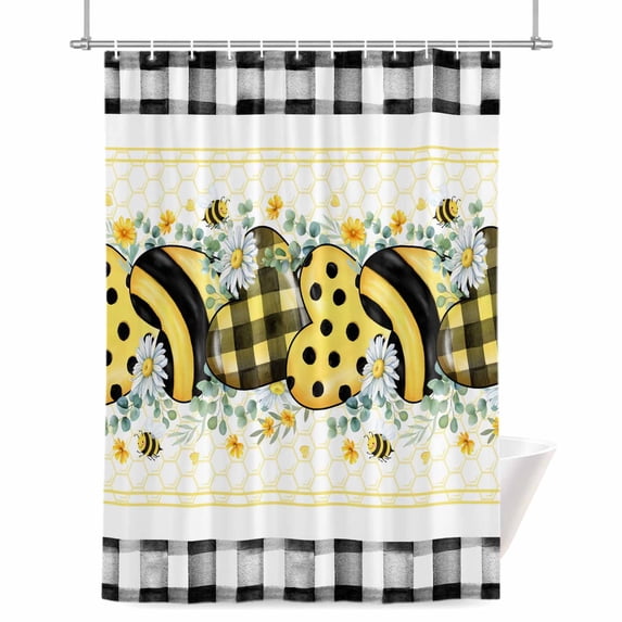 Bee Love Shower Curtain, Vintage Country Yellow Bee Plaid Dot Love Floral Black Plaid Waterproof Shower Curtain Set with 12 Hooks Lightweight Bath Curtains Fabric Bathroom Decor 72x72 Inches