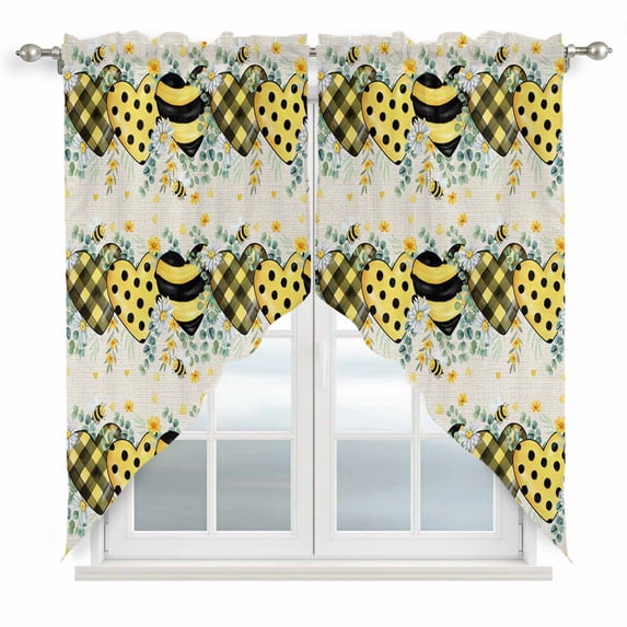 Bee Love Swag Valances for Windows, Kitchen Curtains 36 Inch Length 2 Panels Set, Daisy Eucalyptus Leaves Linen Rustic Beige Short Curtains for Small Windows Rod Pocket Cafe Curtains Drapes 28"x36"