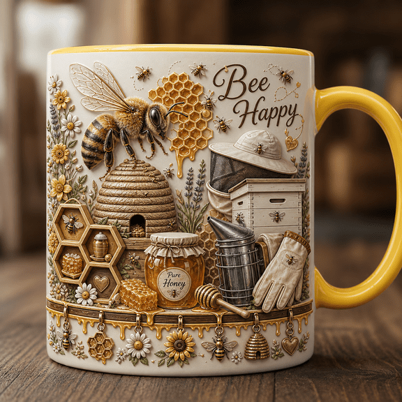 Bee Lover Mug with Honeycomb 3D Effect Design, Bee Happy Coffee Cup Gift