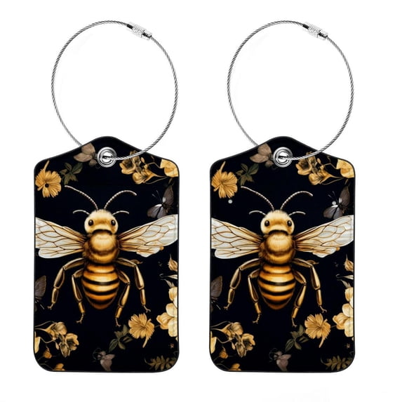 Bee Luggage Tag, Travel Tags, Handbag Tag - Square PU Leather 2 Pack with Privacy Cover and Stainless Steel Ring - Suitable for Travel, Backpack, Handbag [Amazon Approved]