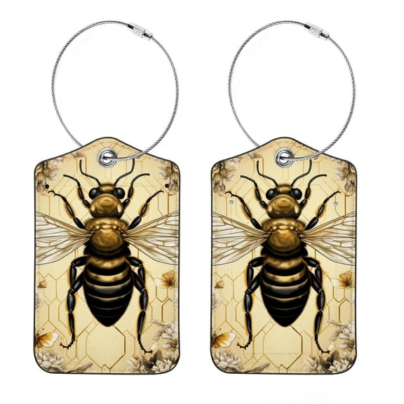 Bee Luggage Tag, Travel Tags, Handbag Tag - Square PU Leather 2 Pack with Privacy Cover and Stainless Steel Ring - Suitable for Travel, Backpack, Handbag [Amazon Approved]