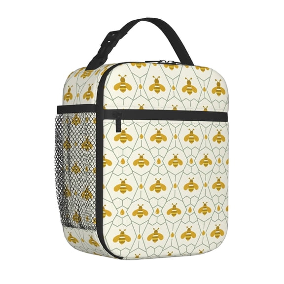Bee Lunch Bag, Modern Geometric Honeycomb Insulated Meal Tote, Reusable Structured Thermal Bento Container With Zipper, Chic Handheld Carrier For Adults