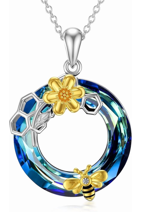 Bee Necklace 925 Sterling Silver Honey Bumble Bee Necklace with Honeycomb Flower Insect Pendant Necklaces Crystal Jewelry Gifts for Women