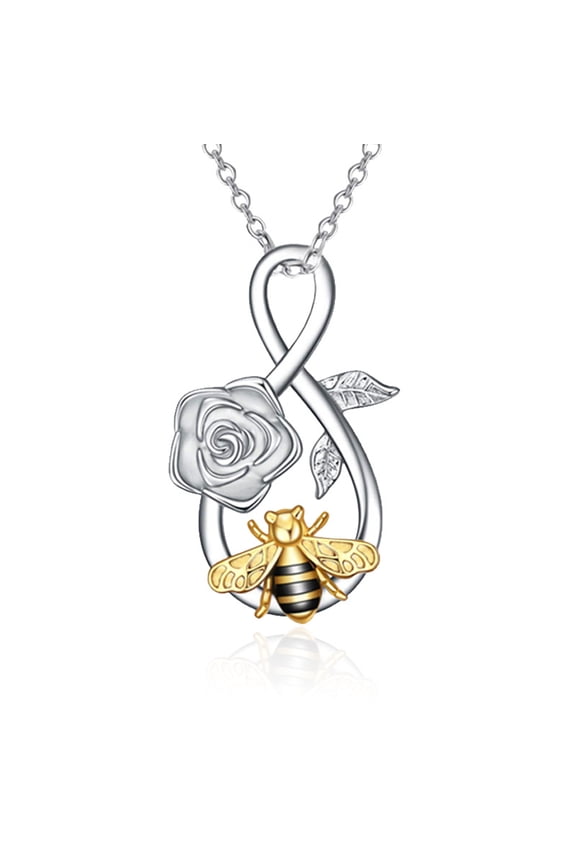 Bee Necklace Sterling Silver Infinity Love Bee Pendant Necklace with Rose Flower Jewelry Gifts for Women Teens