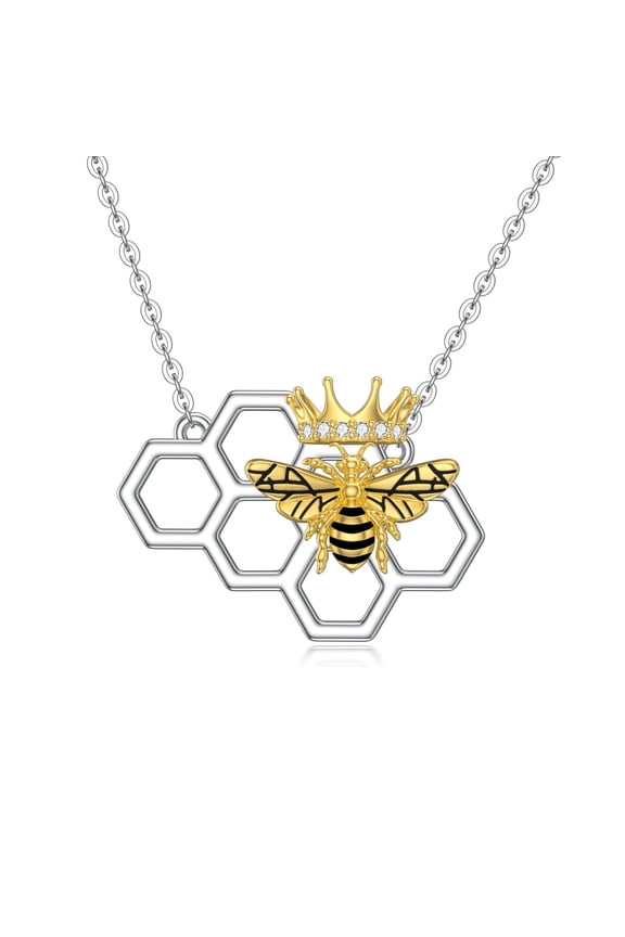 Bee Necklace Sterling Silver Queen Bee Pendant Necklaces with Honeycomb Honey Jewelry Gifts for Women