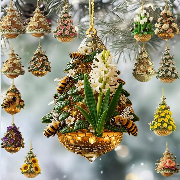 Bee Ornament,Bee Christmas Ornament For Christmas Tree Honey Bumble Bee Decor Retro Style Acrylic,Hanging Pendants For Holiday Home Party Decorations,Gifts For Women Girls Mom Sisters Bee Lovers