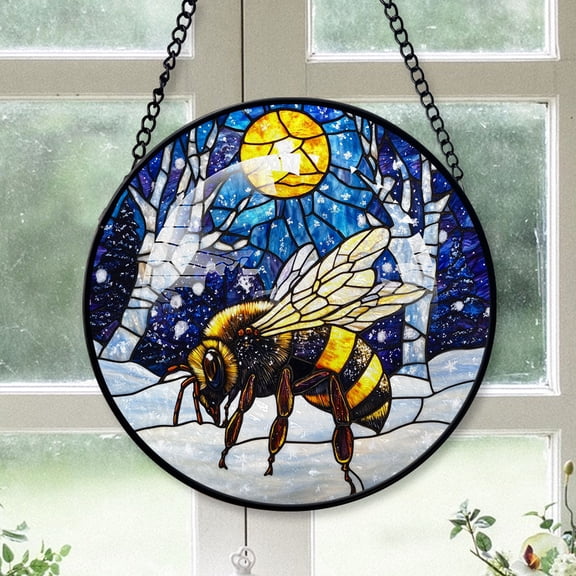 Bee Ornament Christmas 2025, Bee Stained Glass Window Hanging Vintage Glass Art for Door, Window, or Wall Display