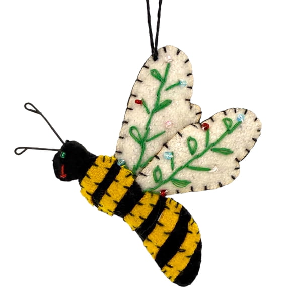 Bee Ornament - Wool Embellished Hand Embroidered Honeybee Christmas Tree Holiday Decoration
