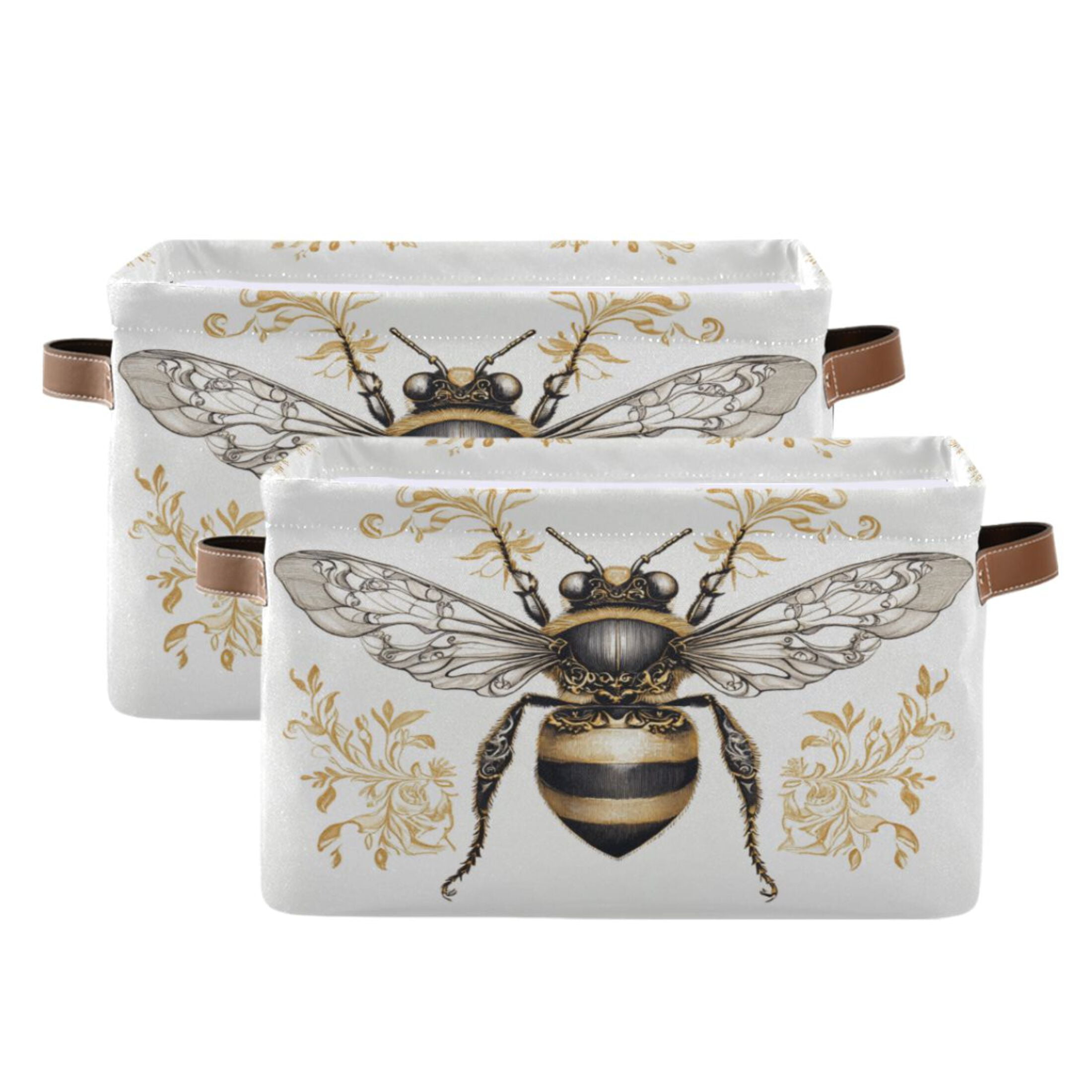 Bee with Ornate Patterns Foldable Storage Basket,Canvas Fabric Foldable Storage Bins with Handles Open Home Storage Bins Boxes for Toy Book Shelf Closet Baskets