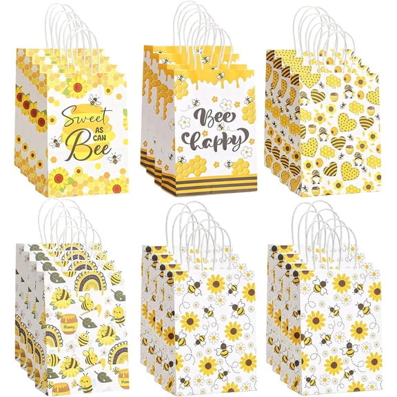 Bee Party Favor Gift Bags Set of 24, 5 Designs Cute Bee Daisy Pattern Paper Treat Bags, Thick Paper Goodie Bags with Handles for Bee Theme Party Bridal Shower