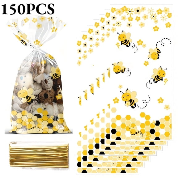 Bee Party Favors, 150Pcs Clear Plastic Bee Gift Bags with Handles, Bees Birthday Bees Goodie Bags Yellow Gift Bag for Baby Shower, Birthday Party, Wedding