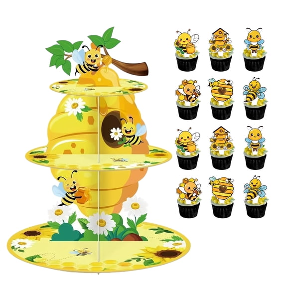 Bee Party Supplies Set, 3 Tier Honey Cake Stand with 12 Bee Cupcake Toppers, Honey Theme Cake Holder Dessert Stand for Birthday Decorations