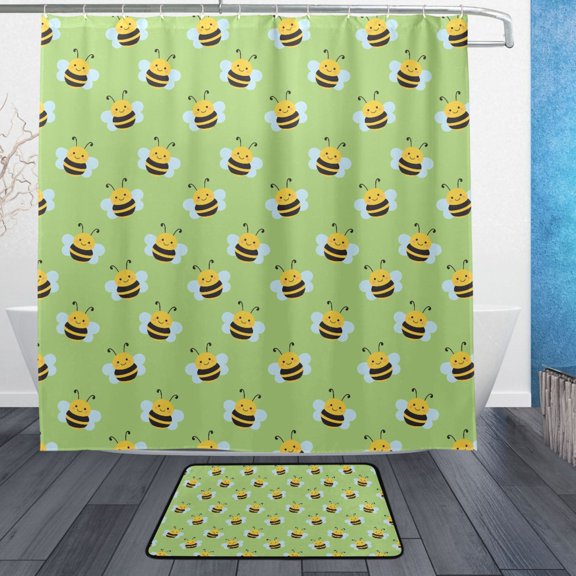 Bee Pattern Bathroom Accessory Sets Waterproof Shower Curtain with Absorbent Non-Slip Rug