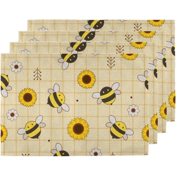 Bee Pattern Placemats Set of 4 Washable Durable Linen Table Mats Non-Slip Stain Resistant Table Mat for Dining Table Decor Kitchen Linens 12"X18" Inch