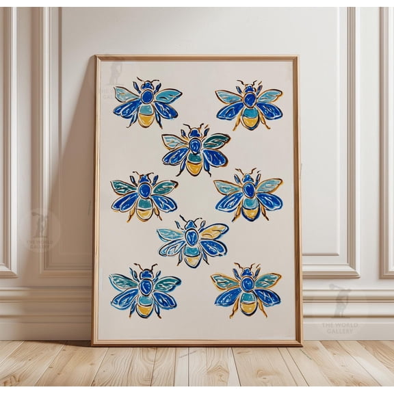 Bee Pattern Poster, Blue Yellow Insect Art, Hand Drawn Nature Print Size 24x36 Unframed Poster