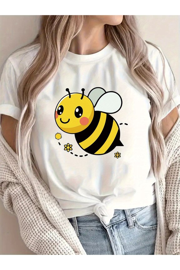 [Bee  Pattern Printed T-shirt, Women's Casual, Vacation, Short-sleeved Round Neck, Spring and Summer, Machine Washable, New Women's Clothing, Out of the Street Versatile, S