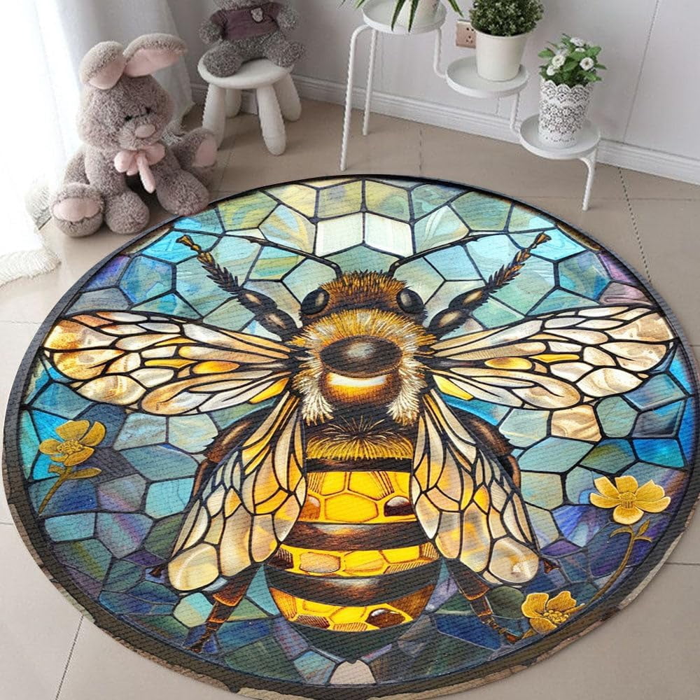 Bee Pattern Round Area Rug, floral honeycomb circle carpet for bedroom ...