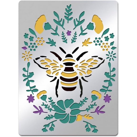 Bee Pattern Stainless Steel Stencil with Flower Leaf Pattern Reusable Stainless Steel Stencil Tool for Painting Albums Scrapbooking 7.48x5.51 Inches Gray DIY