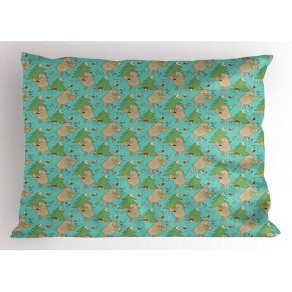 Bee Pillow Sham Caricature Style Colorful Illustration with Forest Elements Bears Bees and Mushrooms, Decorative Standard Size Printed Pillowcase, 26 X 20 Inches, Multicolor, by Ambesonne