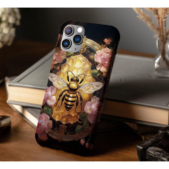 Bee Pink Roses Tough Phone Case, Dual-Layer Protective Cover for iPhone