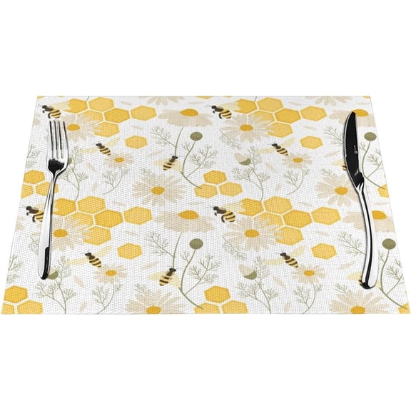 Bee Placemats,Daisy Floral Spring Blooming Botanical Animal Bees Pattern Print Table Place Tables Mat for Kitchen Dining Party Indoor Outdoor Hotel,12x18 in Set of 4
