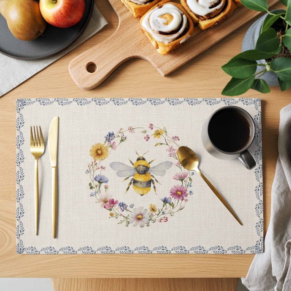 Bee Placemats Set of 1, Retro Insects Yellow Floral Wreath Pastoral Linen Texture Country Heat Insulated Linen Place Mats, Washable Stain-Proof Table Mats for Dining Tables Holiday Decor 13x19 Inches