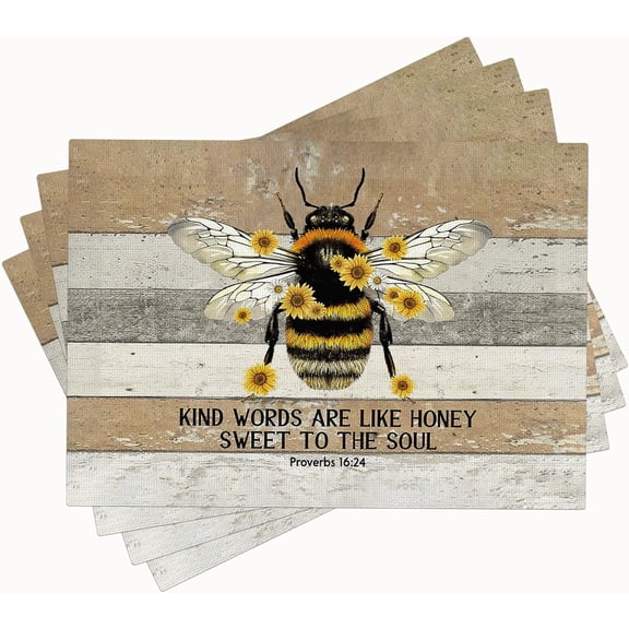 Bee Placemats Set of 4 Honey Bees Sunflowers Table Mats Washable Place Mats for Home Party Indoor Kitchen Dining Table Decoration 12x18 Inch