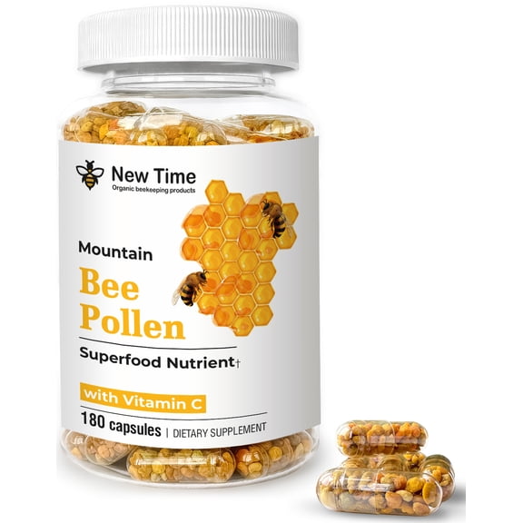 Time Bee Pollen Capsules with Vitamin C - Organic Supplement for Energy, Wellness & Immune Support, 180
