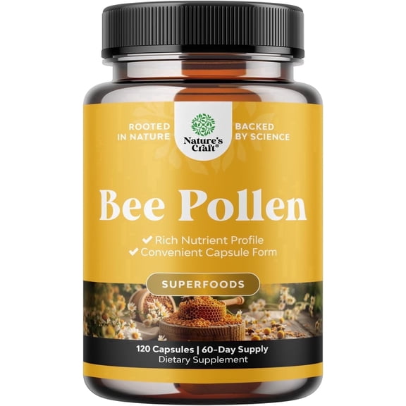 Natures Craft 500mg Bee Pollen Capsules Supplement with B Vitamins, Minerals, & Enzymes, 120 Caps