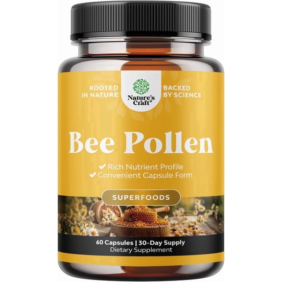 Natures Craft 500mg Bee Pollen Capsules Supplement with B Vitamins, Minerals, & Enzymes, 60 Caps