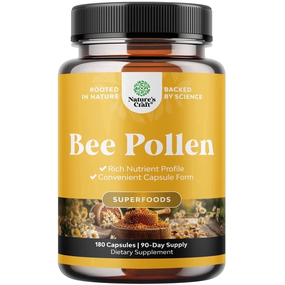 Natures Craft 500mg Bee Pollen Capsules Supplement with B Vitamins, Minerals, & Enzymes, 80 Caps