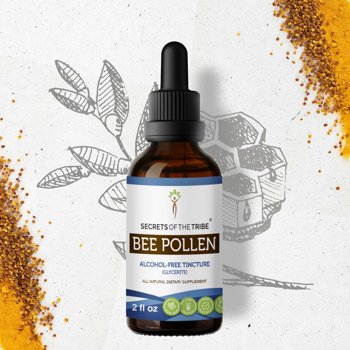 Secrets Of The Tribe Bee Pollen Tincture Dietary Supplement, Natural ...