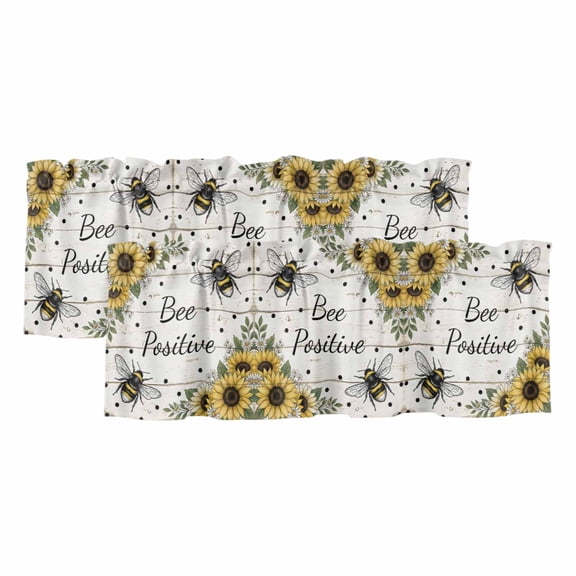 Bee Positive 2 Panels Kitchen Valance, Farmhouse Bee Animal Sunflower Daisy Wood Grain Curtains Valances for Small Windows Rod Pocket Window Treatments for Living Room Bedroom 42"W x 12"L