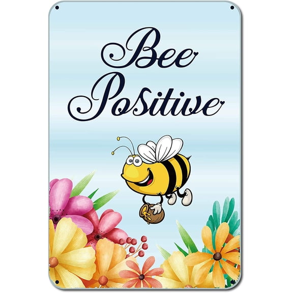 Bee Positive Metal Tin Signs Vintage Iron Painting Retro Plaque Poster for Home Kitchen Wall Bar Coffee Shop Decoration, 8 x 12 Inch
