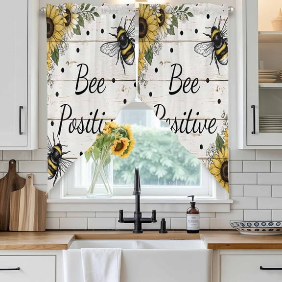 Bee Positive Swag Curtain Valance for Windows, Farmhouse Bee Animal Sunflower Daisy Wood Grain Window Treatments Short Swag Topper for Kitchen Windows Bathroom Bedroom, 36"x45"