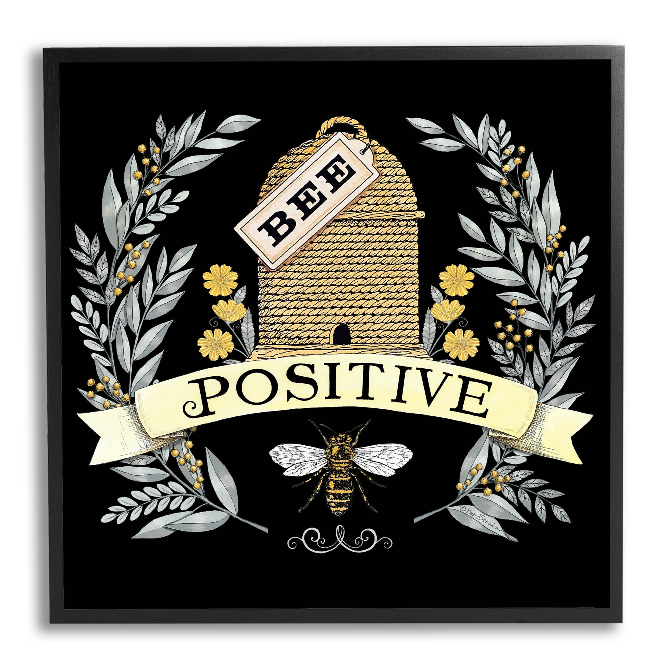 Bee Positive Vintage Hive Animals & Insects Graphic Art Black Framed Art Print Wall Art