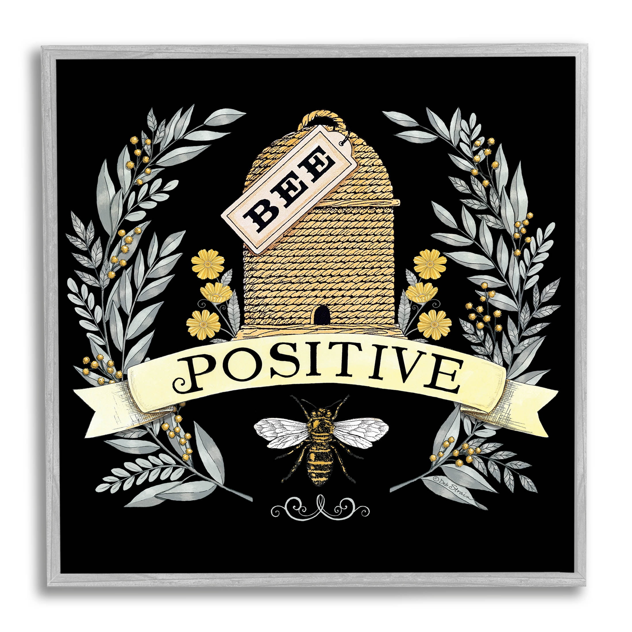 Bee Positive Vintage Hive Animals Print on Canvas with Gray Frame