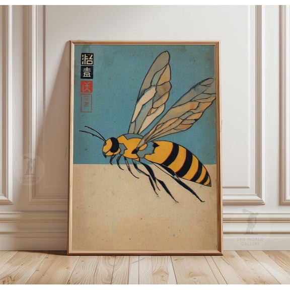 Bee Poster Blue Background Insect Art Japanese Style Nature Decor, Unframed Poster