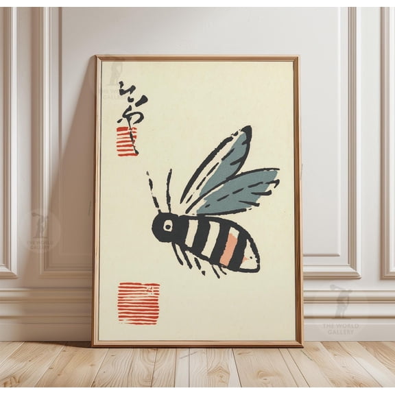 Bee Poster Japanese Style Insect Art Minimal Nature Illustration Art, Unframed Poster