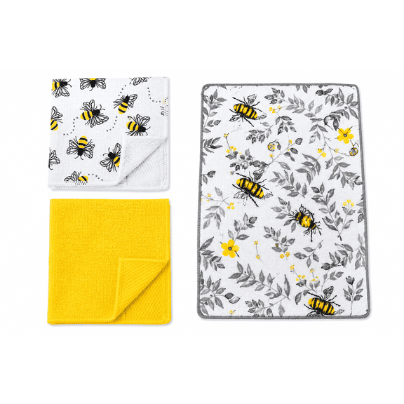 Bee Print Kitchen Cleaning Bundle 3-Piece Set (2) Microfiber Dishcloths (1) Absorbent Dish Drying Mat Cleaning Cloths Scrubber Backing Countertop Drying Pad Yellow