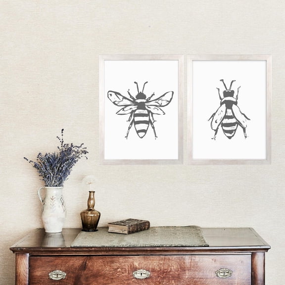 Bee Print Set, Modern Minimalist Farmhouse Decor for French Country Kitchen Diptych, "Bee Drawing", Art Prints, Set 2, Stretched Canvas