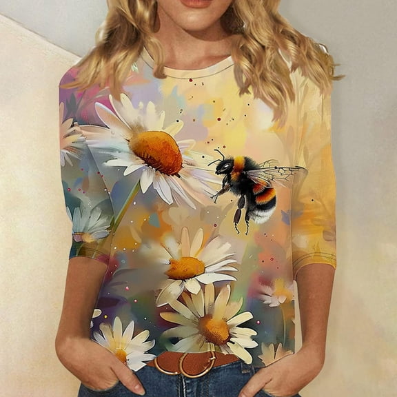 Bee Print Tops for Women 3/4 Length Sleeve Womens Tops Cotton V Neck Womens White Tops Dressy Casual Button down Womens Tops Casual Plus Size Shirts my orders