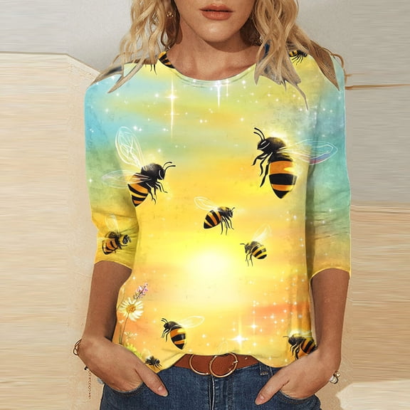 Bee Print Tops for Women 3/4 Length Sleeve Womens Tops Summer Cotton Womens Tops Casual Womens T Shirts Womens T Shirts Graphic Tees