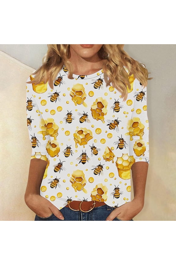 Bee Print Tops for Women Plus Size Three Quarter Length Sleeve Tunic Tops for Women Plus Size Summer Blouses for Women 3x Cotton T Shirts for Women Womens T Shirts Casual Graphic my orders
