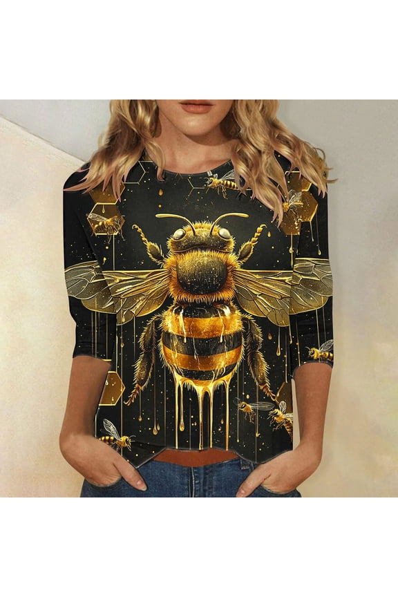 Bee Print Tops for Women Women's 3/4 Length Sleeve T Shirts Womens Summer Blouses 2026 Summer Tops for Women Workout Tshirts Shirts for Women Graphic T-Shirts Vintage