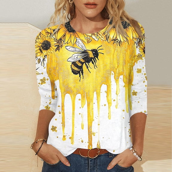 Bee Print Tops for Women Womens 3/4 Sleeve Shirts Womens Summer Shirt Dressy Womens T Shirts Vneck Oversized Tops for Women Spring
