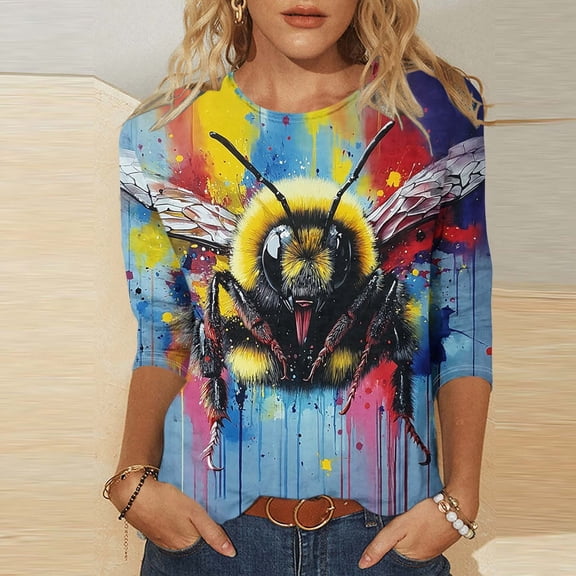 Bee Print Womens Tops 3/4 Sleeve T Shirts for Women Cotton Blend Summer Tees for Women 2026 Beach Womens T Shirts Prime Womens T Shirts Graphic Tees Vintage