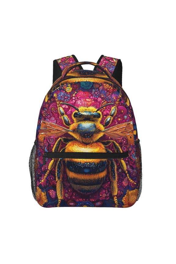 Bee Psychedelic Abstract Backpack Casual College Bag Zipper Laptop Daypack Hiking Rucksack Travel