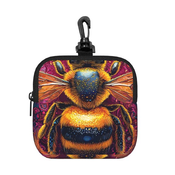Bee Psychedelic Abstract Square Gear Pouch with Lobster Clasp Waterproof Tech Accessory Organizer, Key & Coin Case